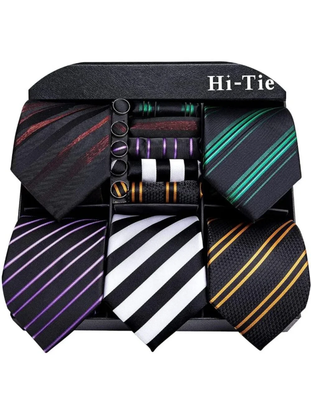 Men's Silk Tie Set - 5 Pcs Gift Box with Pocket Square & Cufflinks - Stylish